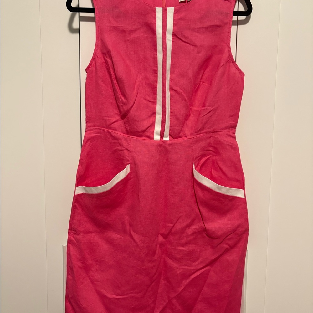 Boden Pink Linen Sleeveless Dress with White Accents